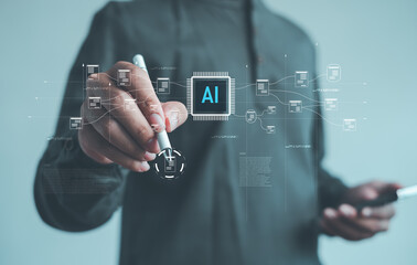 professional using a digital interface to interact with AI-powered data processing and automation workflow, showcasing modern artificial intelligence technology and smart innovation.