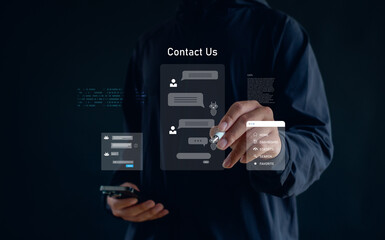 User interacting with virtual AI chatbot interface on a digital screen, featuring online messaging, customer support, smart communication tools, and modern contact center technology.