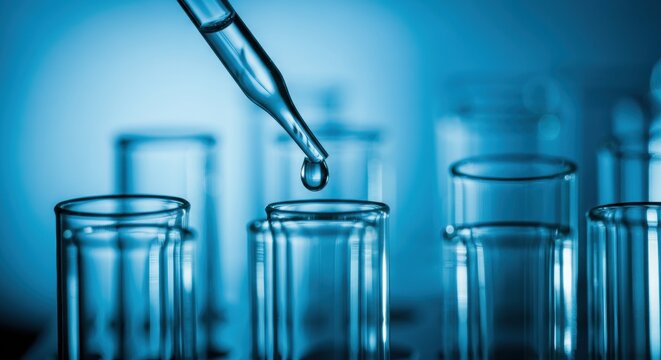 Laboratory pipette dispensing a droplet into multiple test tubes under blue light - Powered by Adobe