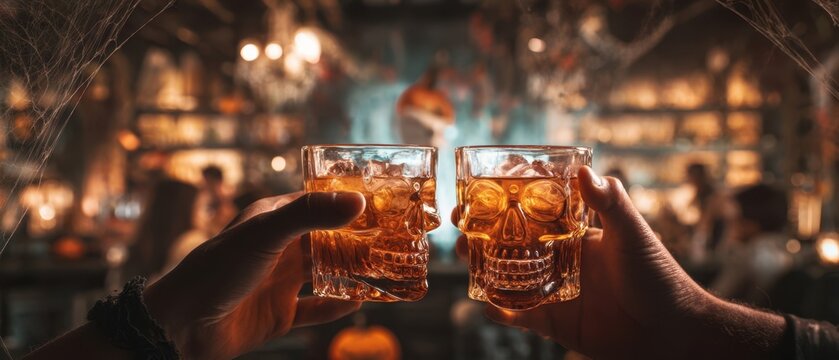 The Skull Glasses Toast in a Moody Halloween Bar Atmosphere with Warm Lighting - Powered by Adobe