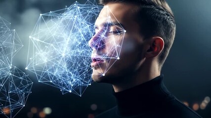 A young man exhaling digital particles in a futuristic cityscape at night, showcasing technology and innovation - Powered by Adobe