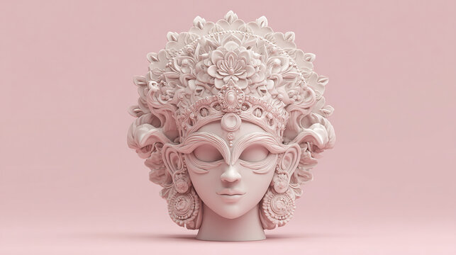A statue with an ornate headpiece against a pink background