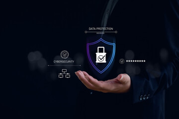Cybersecurity and data protection concept with a digital shield icon above a hand, symbolizing secure access, privacy control, encrypted information, and modern protection technology for businesses.