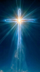 Obraz premium A glowing Christian cross in a deep blue sky with divine light rays, a spiritual religious symbol of faith, a holy sunburst background, a concept of hope and resurrection.