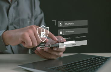 user entering login credentials with digital security icons, representing cybersecurity, data protection, authentication, password safety, and secure access for modern online platforms.