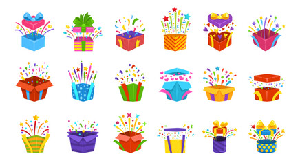 Cartoon giftbox confetti. Gift box explosion, pleasant surprise open present unbox sale concept holiday boxes case birthday christmas wrapping, gifts set kicky vector illustration
