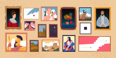 Art gallery paintings. Framed pictures hanging museum wall studio room, photo portrait impressionism drawing artwork frame historical person abstract painting vector illustration