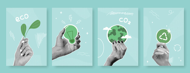 Halftone eco cards. Clean energy earth ecology collage concept, realistic hand holding green earth planet globe esg biodiversity recycle environmental change vector illustration
