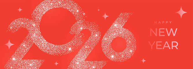 Obraz na płótnie Canvas Happy New Year 2026 beautiful sparkling design of numbers and stars on bright red background. Modern winter holiday greeting banner, poster or greeting card template.