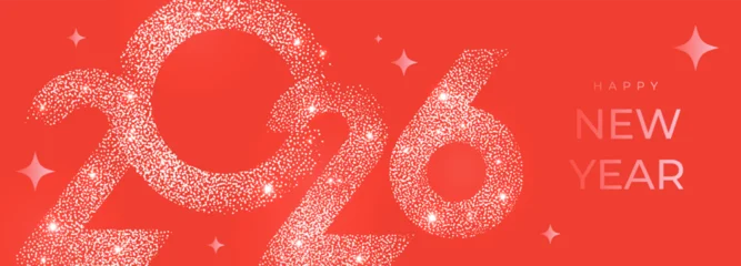 Selbstklebende Fototapeten Sportgeschäft Happy New Year 2026 beautiful sparkling design of numbers and stars on bright red background. Modern winter holiday greeting banner, poster or greeting card template.  © Tanya Shulga