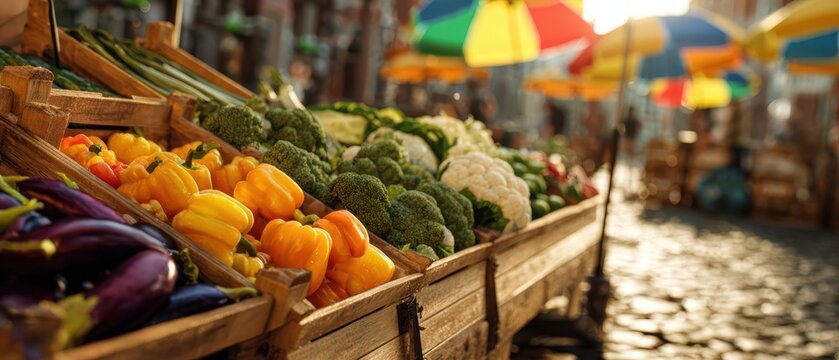 The vegetable stall overflowing with colorful fresh produce under sunlit market umbrellas