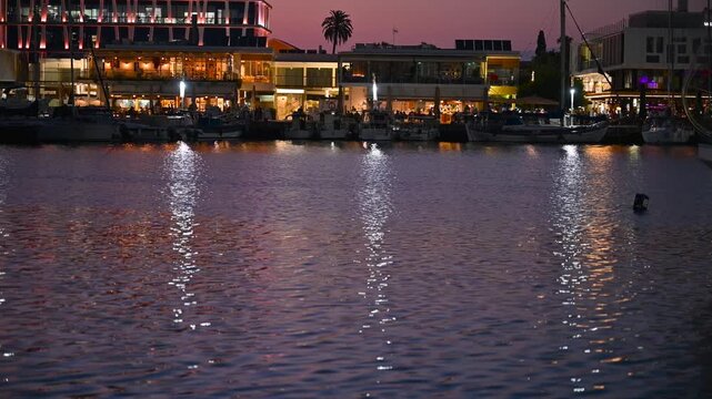 Limassol, Cyprus &ndash; August 21, 2023: The beautiful Night Old Port Limassol in Cyprus