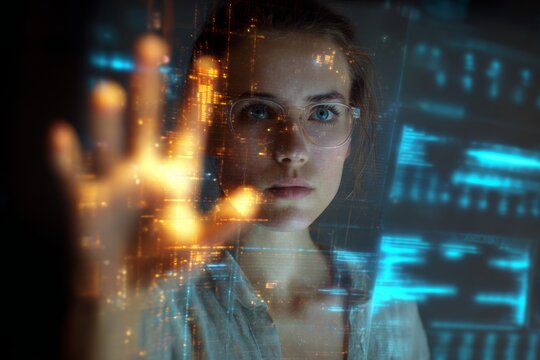 Young woman interacting with futuristic digital interface in a dimly lit room