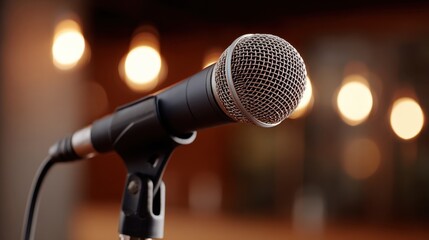 Obraz premium Microphone on Stand Capturing Warm Ambiance of Live Performance