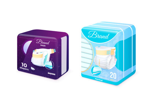 Realistic diapers pack. 3d diaper package design, diapering stack baby nappy sanitary product advertising newborn care child pant toddler panties night sleep vector illustration
