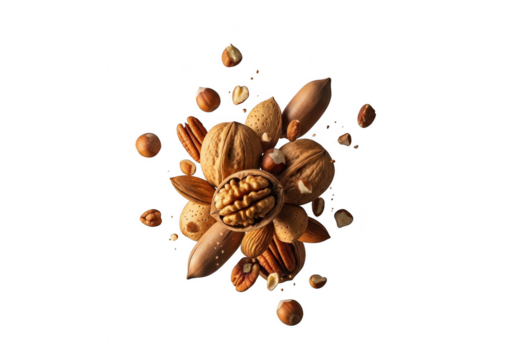 Assortment of nuts and baked goods in mid air