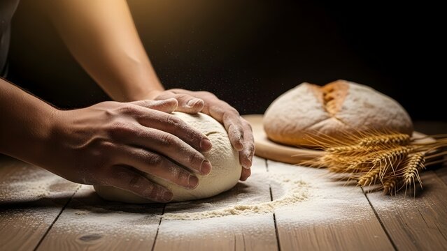 Hands kneading dough on a wooden table with flour and a baked loaf of bread in the background.