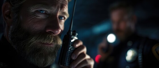 The police officer using a radio while searching a dark urban street at night