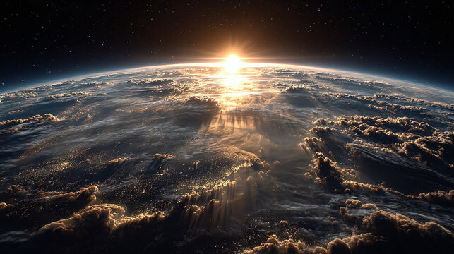 A breathtaking view of Earth from space, with the sun rising over the horizon, casting golden rays over the planet