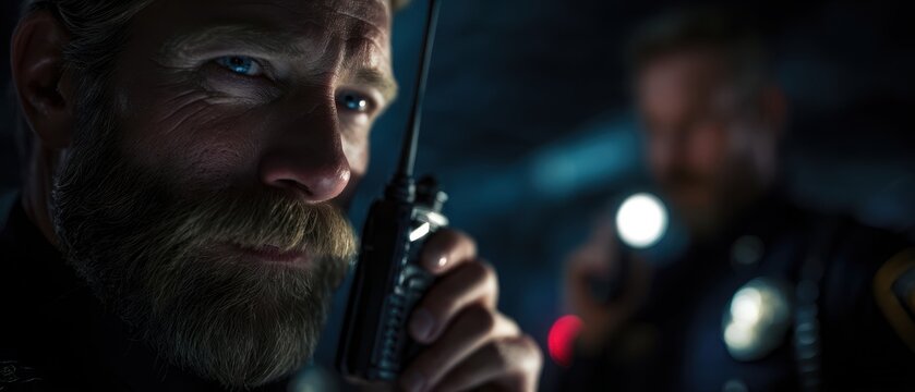 The police officer using a radio while searching a dark urban street at night