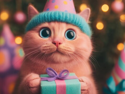 Cute cat holding Christmas present with x-mass tree and decorations on background