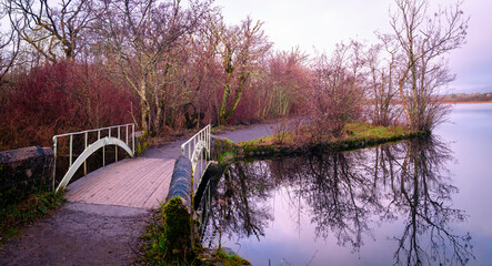 Garavogue River nature trail walkway with a charming historic footbridge at Doorly Park in Sligo town, Connacht Province, Ireland, highlighting heritage and riverside tranquility.