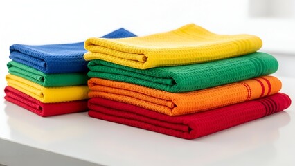 Colorful folded textile stacks on white surface, creating neat, clean visual