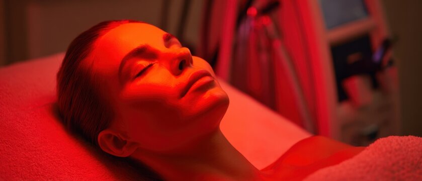 The woman reclining under red LED light during a serene facial treatment session