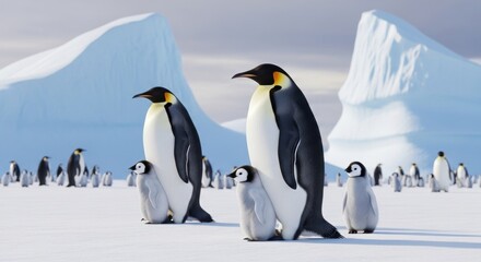 Fototapeta premium Emperor penguins with chicks in Antarctic landscape.