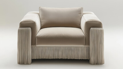 Luxurious armchair with plush fabric and elegant fringe detailing on arms and base.