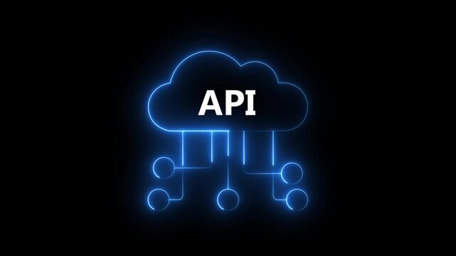 Neon blue cloud icon with API text and connecting lines on black background cloud computing application programming interface