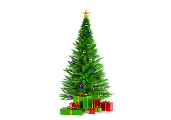 Decorated Christmas tree with presents for new year , transparent background