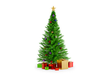 Decorated Christmas tree with presents for new year , transparent background