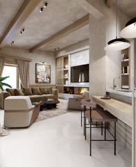 modern living room with kitchen