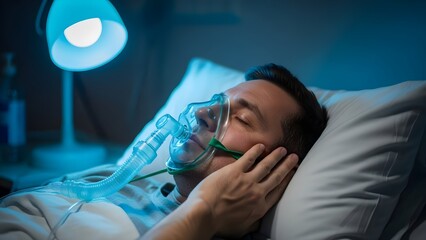Man sleeping with oxygen mask in bed at night illuminated by a bedside lamp.