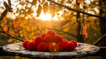 Barbecue in the park with colorful fresh food and yellow autumn leaves
