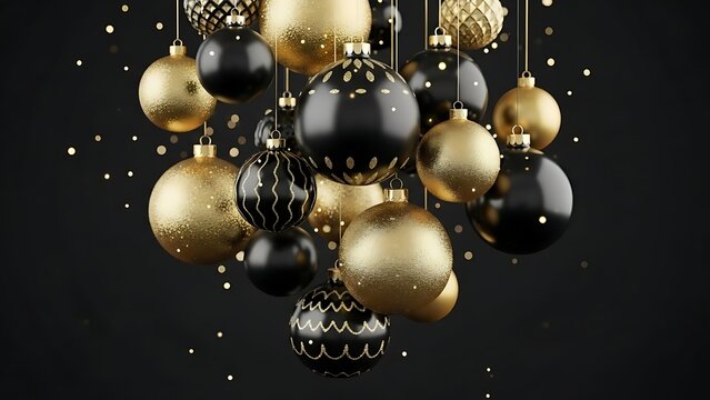 Bright golden Christmas balls and snowflakes decorate a festive, black background for a happy winter holiday card
