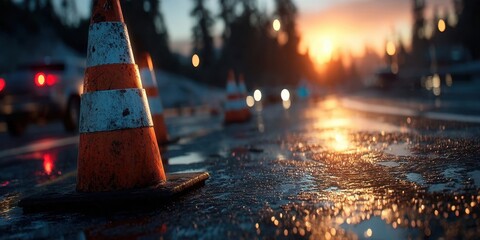 Roadside Traffic Cones Mark DUI Checkpoint at Night for Road Safety