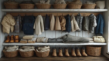Organized storage, clothing, and baskets fill a wooden shelving unit. Warm tones and textures