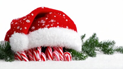 Christmas candy cane arrangement with santa hat and pine branches in snowy scene - Powered by Adobe