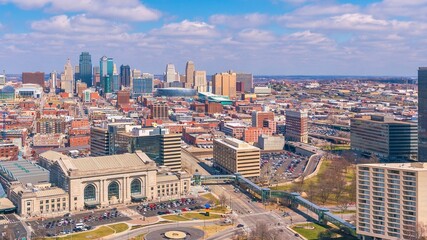 Kansas city skyline and union station aerial view