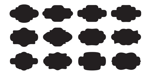 A collection of twelve unique vintage and decorative black label silhouettes on a white background. Perfect for design.
