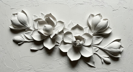 Sculpted white magnolia flowers adorning plaster wallbackground. 3D Wall Mural. floral landscapes. Motif 3D Wallpaper Illustration, Luxurious textile tile wall art
