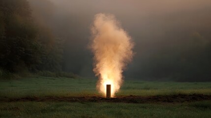 A bright fiery smoke plume erupts from a cylindrical object in a misty field at golden hour