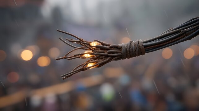 A rustic bundle of glowing lights is tied with twine during a rainy dusk with a blurred crowd in the background - Powered by Adobe