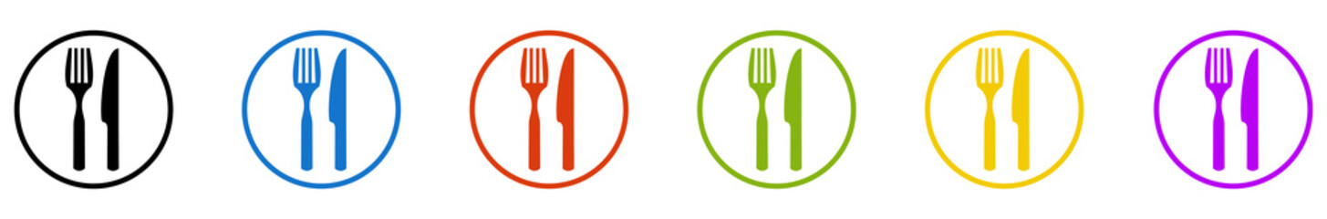 Banner mit 6 farbigen Icons im Kreis: Restaurant, Essen oder Besteck