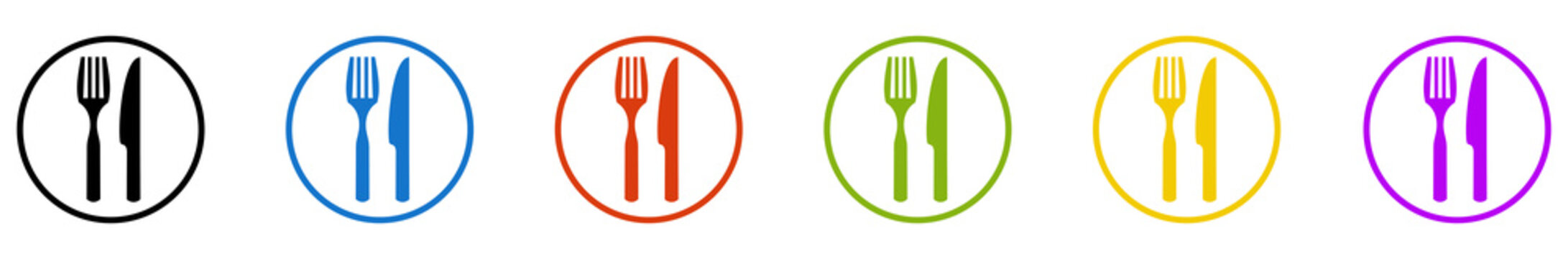 Banner mit 6 farbigen Icons im Kreis: Restaurant, Essen oder Besteck