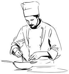 Chef whisking in a frying pan (line art)