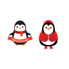 Cute cartoon penguins wearing winter clothing for christmas