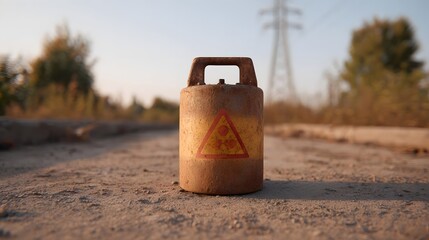 A rusty container with a radioactive warning symbol sits on a dirt road in an outdoor setting
